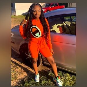 Neon orange biker shorts and hoodie top| Two piece set
